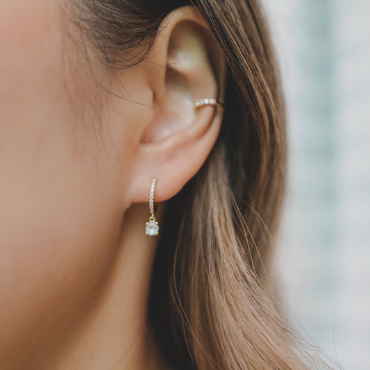 Round Pave CZ Drop Huggies Earrings
