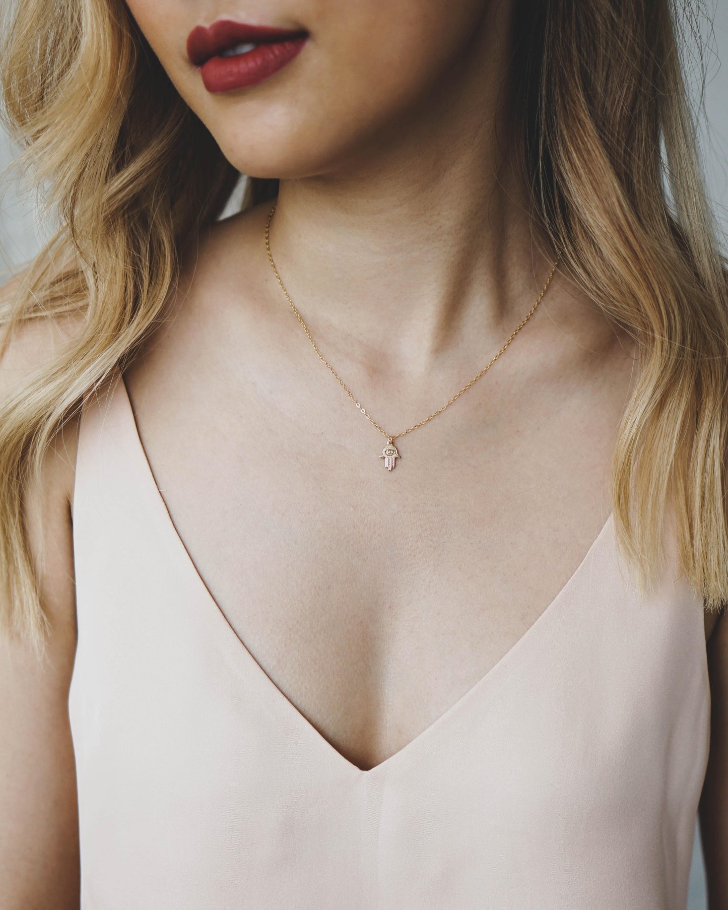 Mini Hamsa Hand and Evil Eye Necklace - 14K Gold Filled - Studdedheartz