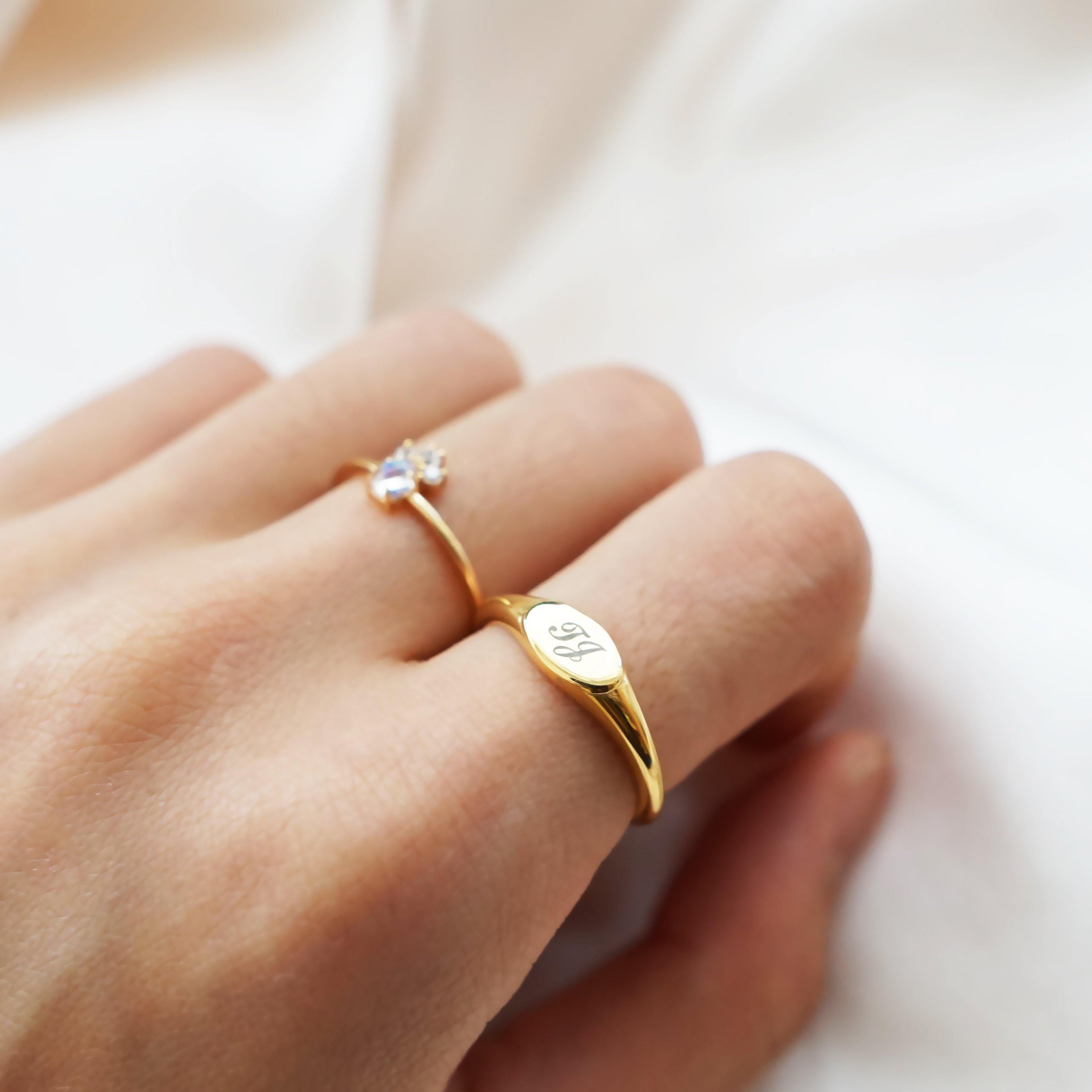 The Jane Ring - Personalized Mini Signet Ring - Shiny Gold on Stainless - Studdedheartz