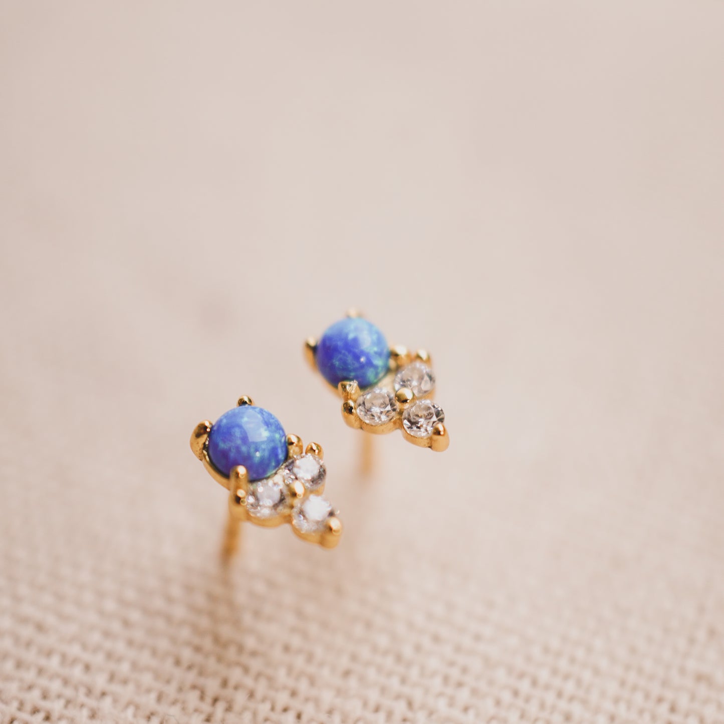 Ocean Blue Opal and Trio CZ Stud Earrings