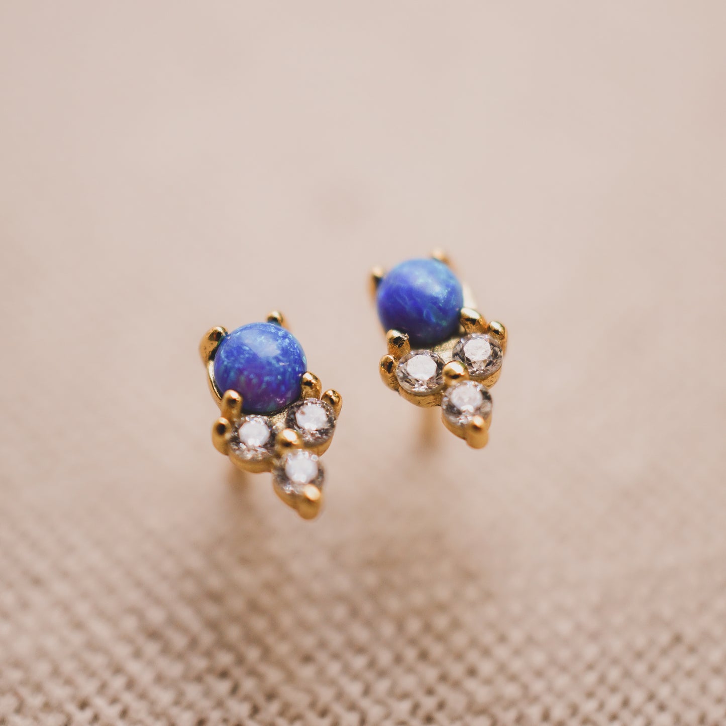 Ocean Blue Opal and Trio CZ Stud Earrings