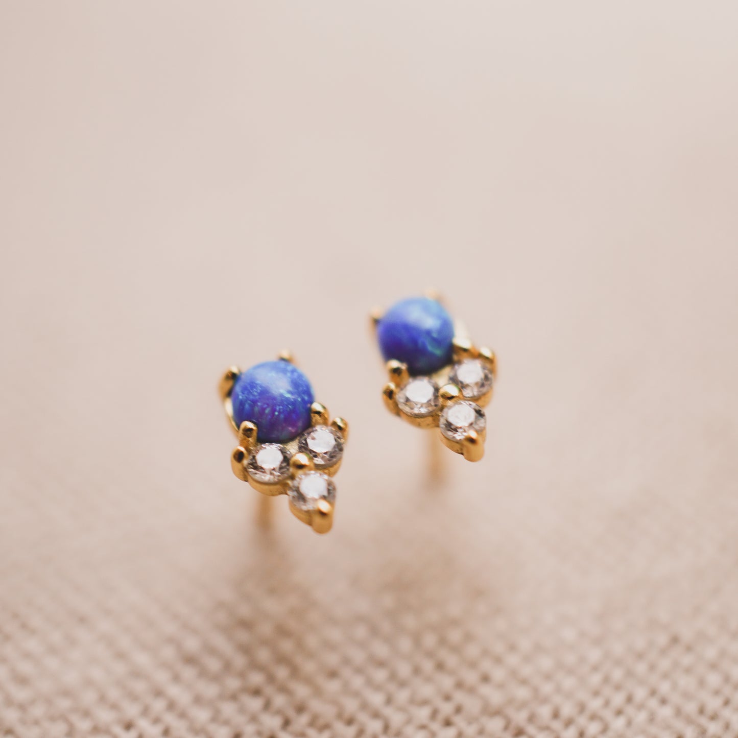 Ocean Blue Opal and Trio CZ Stud Earrings