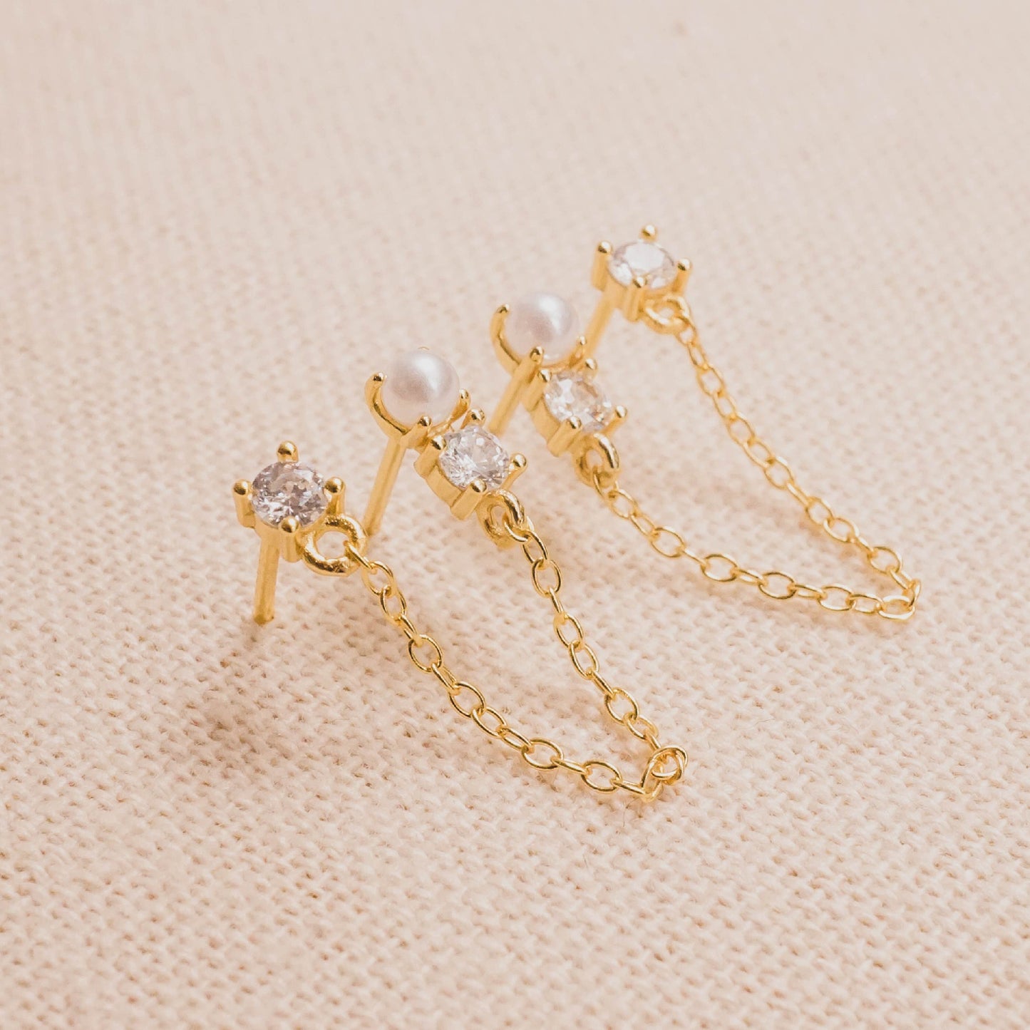 Chained Pearl & CZ Drop Earrings
