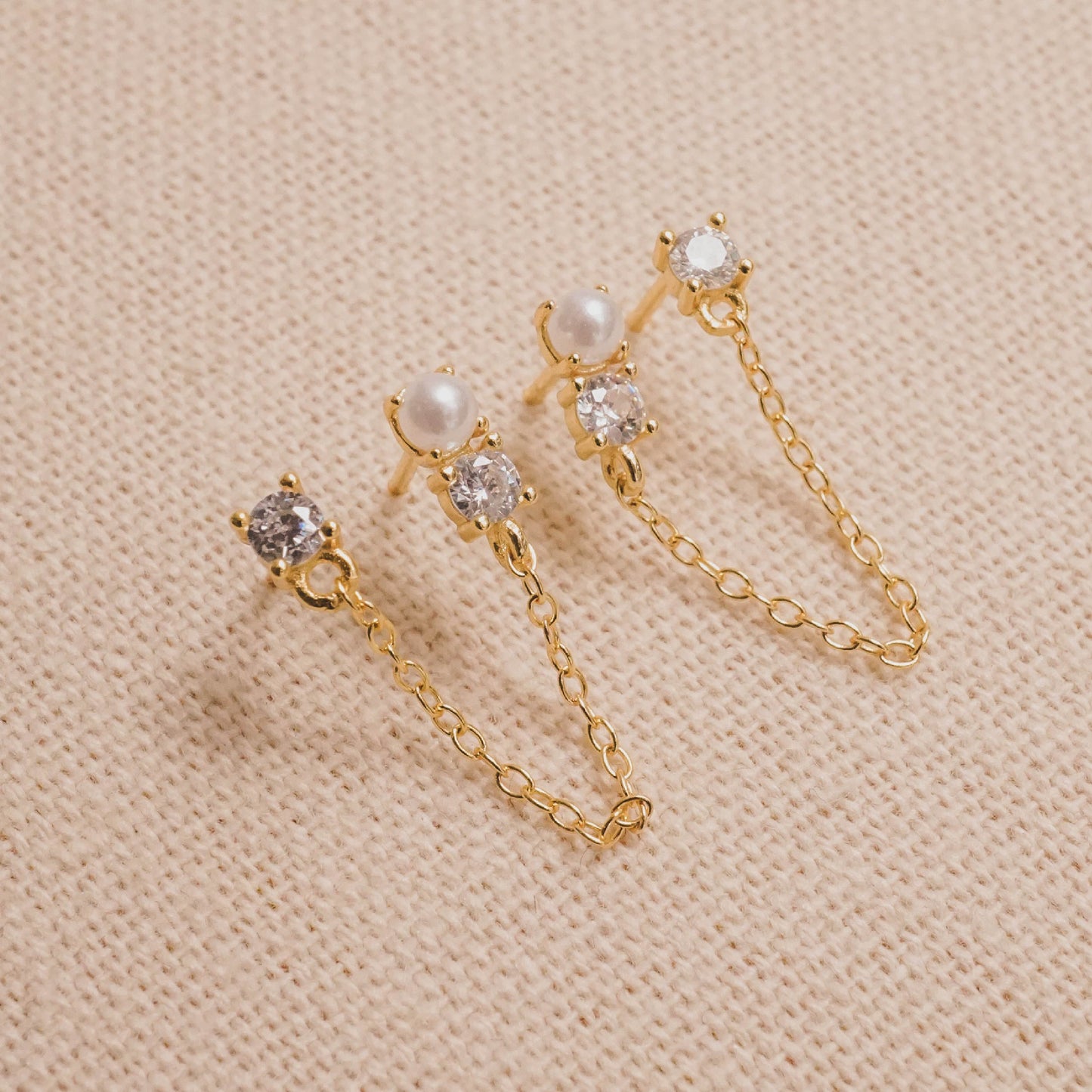 Chained Pearl & CZ Drop Earrings