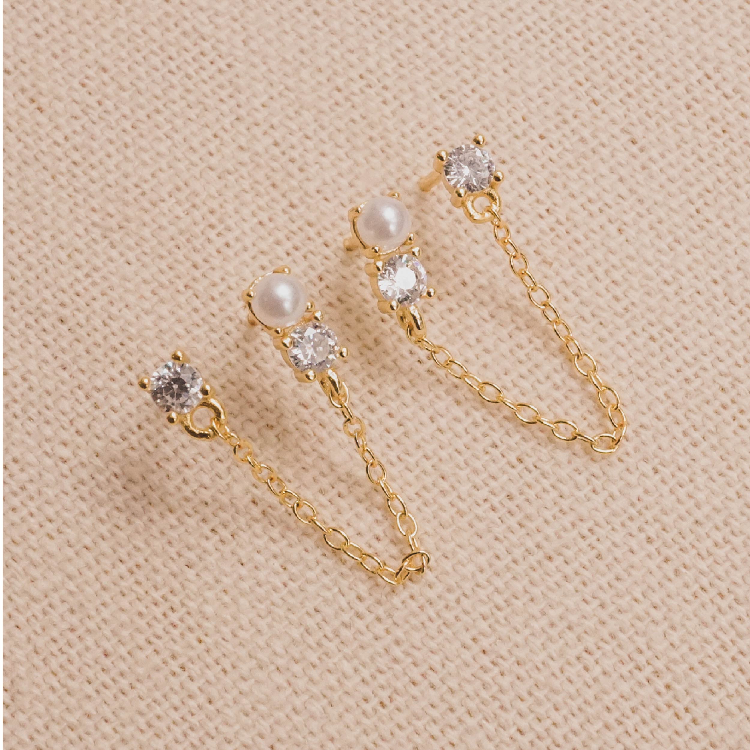 Chained Pearl & CZ Drop Earrings