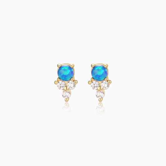 Ocean Blue Opal and Trio CZ Stud Earrings