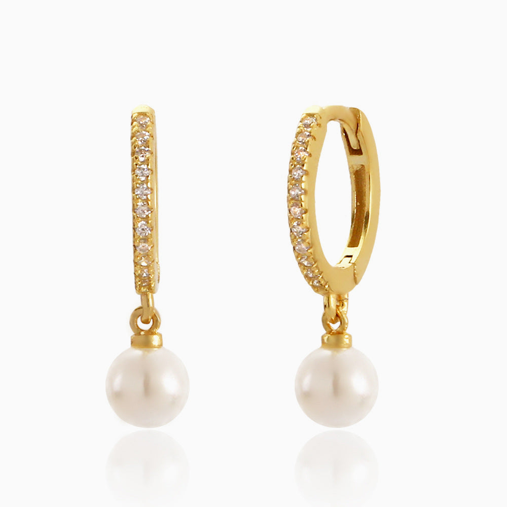 Round Pearl Drop Huggie Earrings