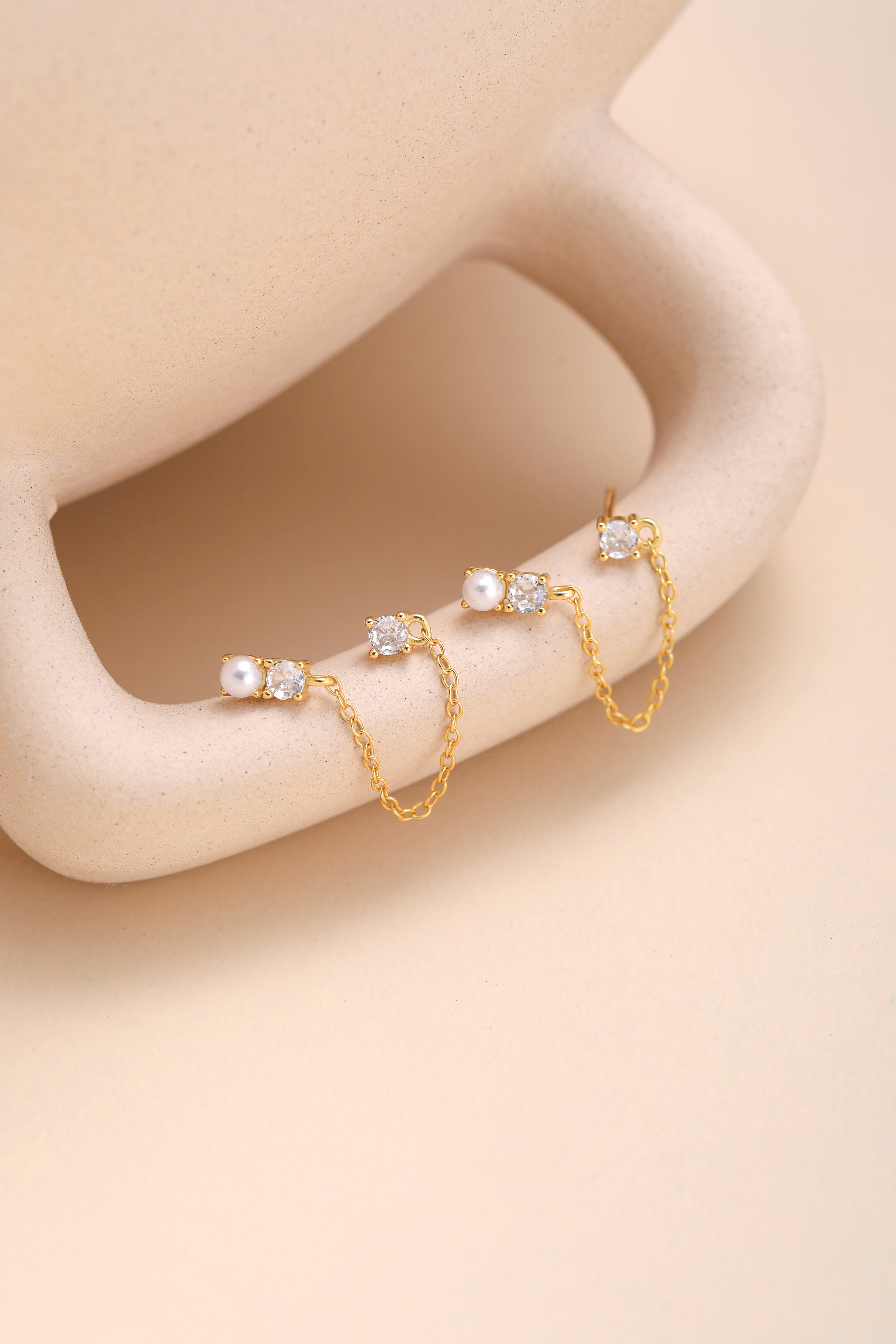 Chained Pearl & CZ Drop Earrings