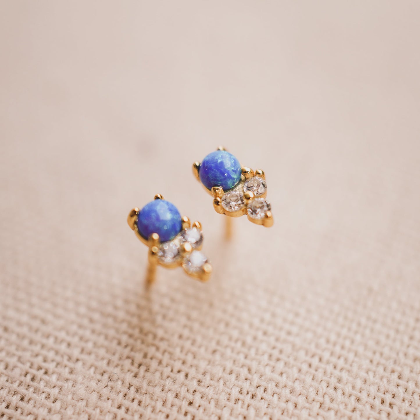 Ocean Blue Opal and Trio CZ Stud Earrings