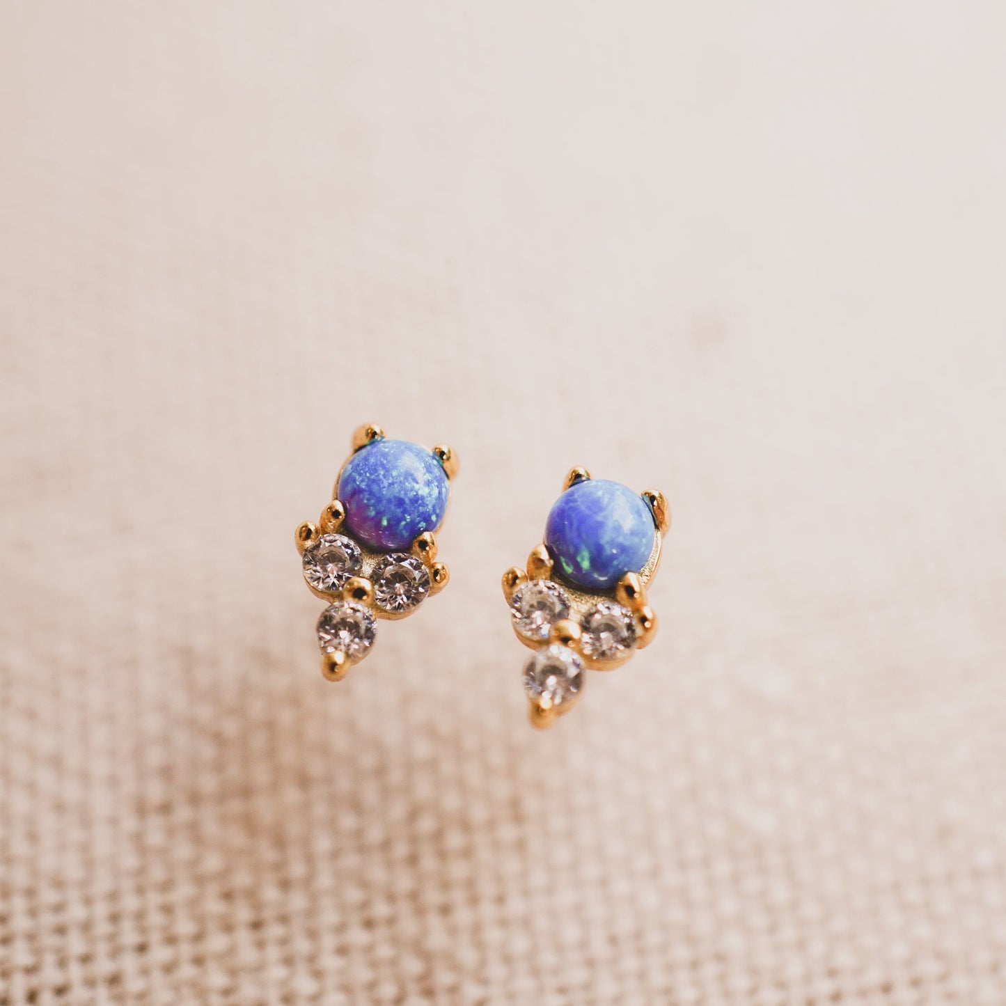 Ocean Blue Opal and Trio CZ Stud Earrings