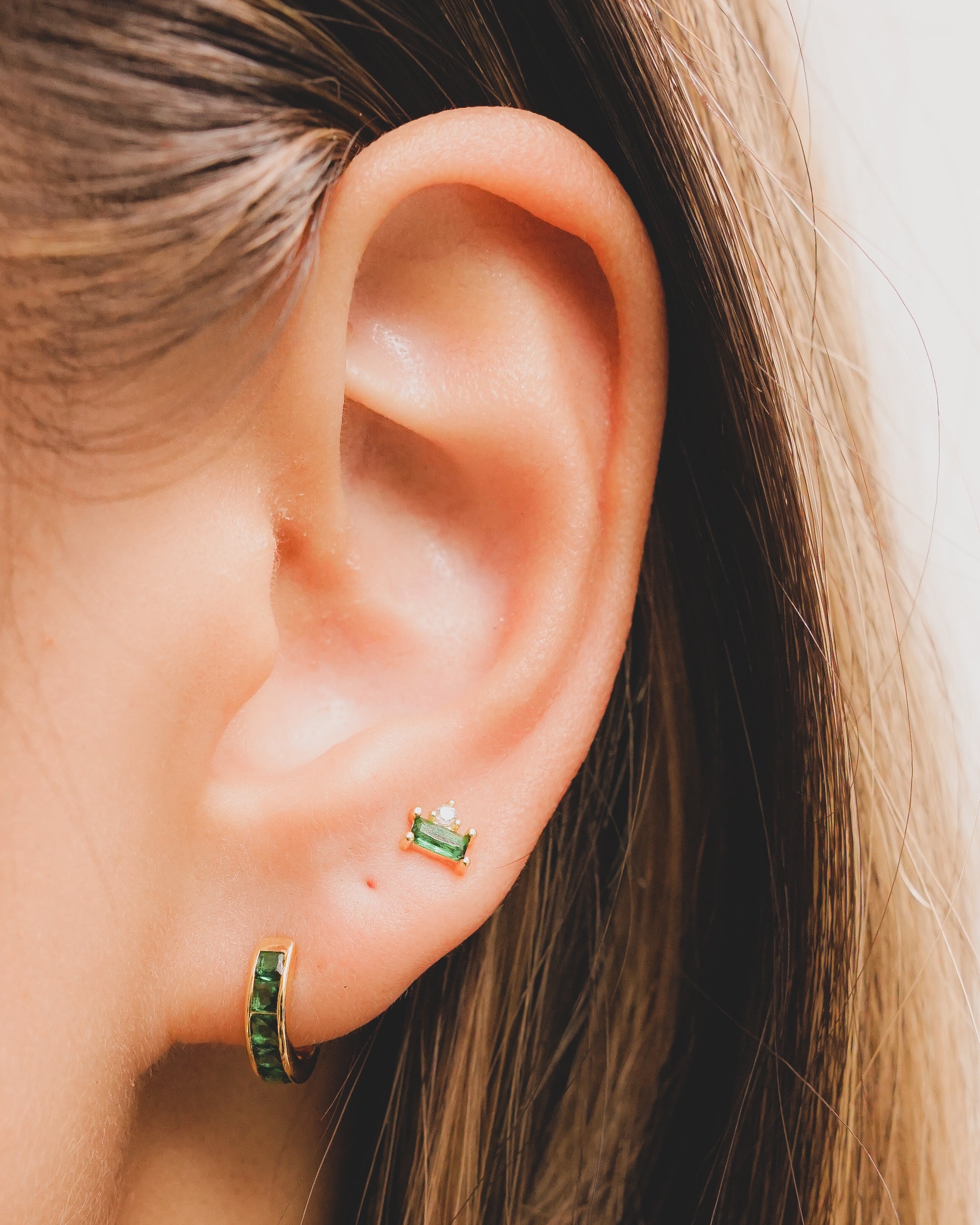 Mini Emerald Baguette and Bling Stud Earrings