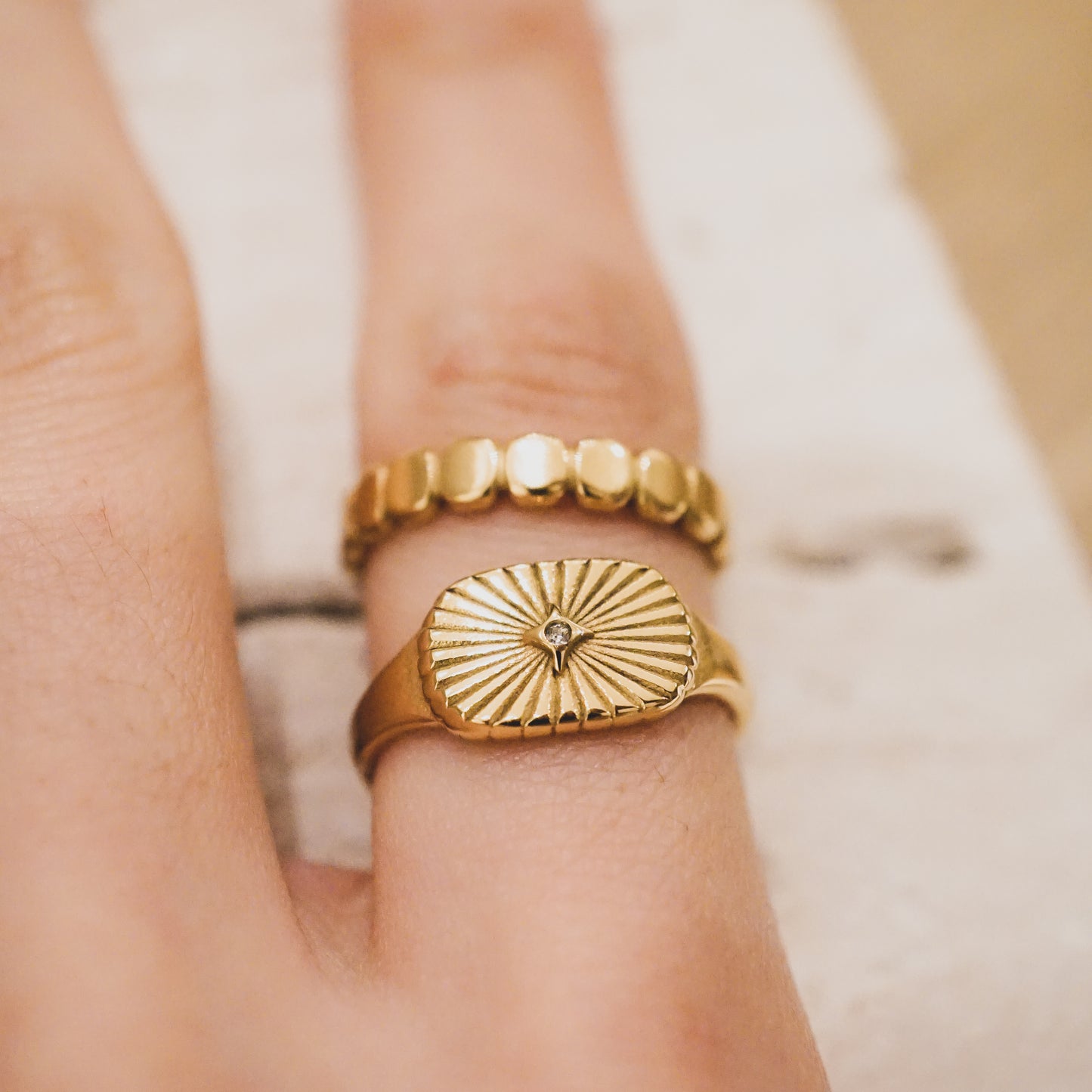 CZ Sunburst Rectangle Signet Ring