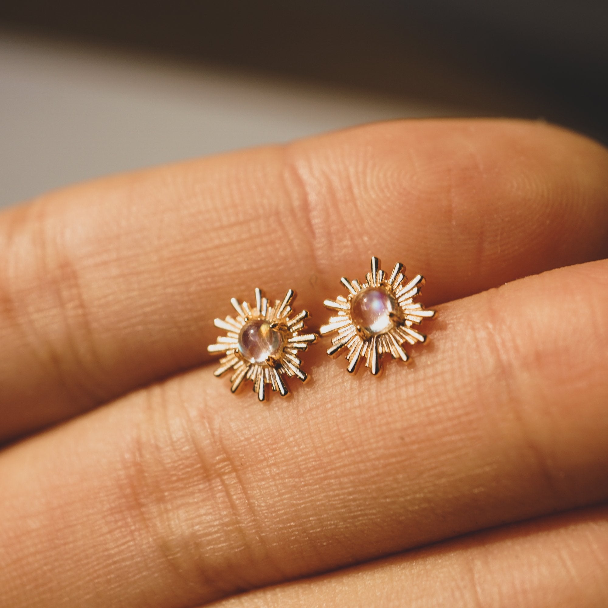 Rainbow Moonstone Sunburst Stud Earrings