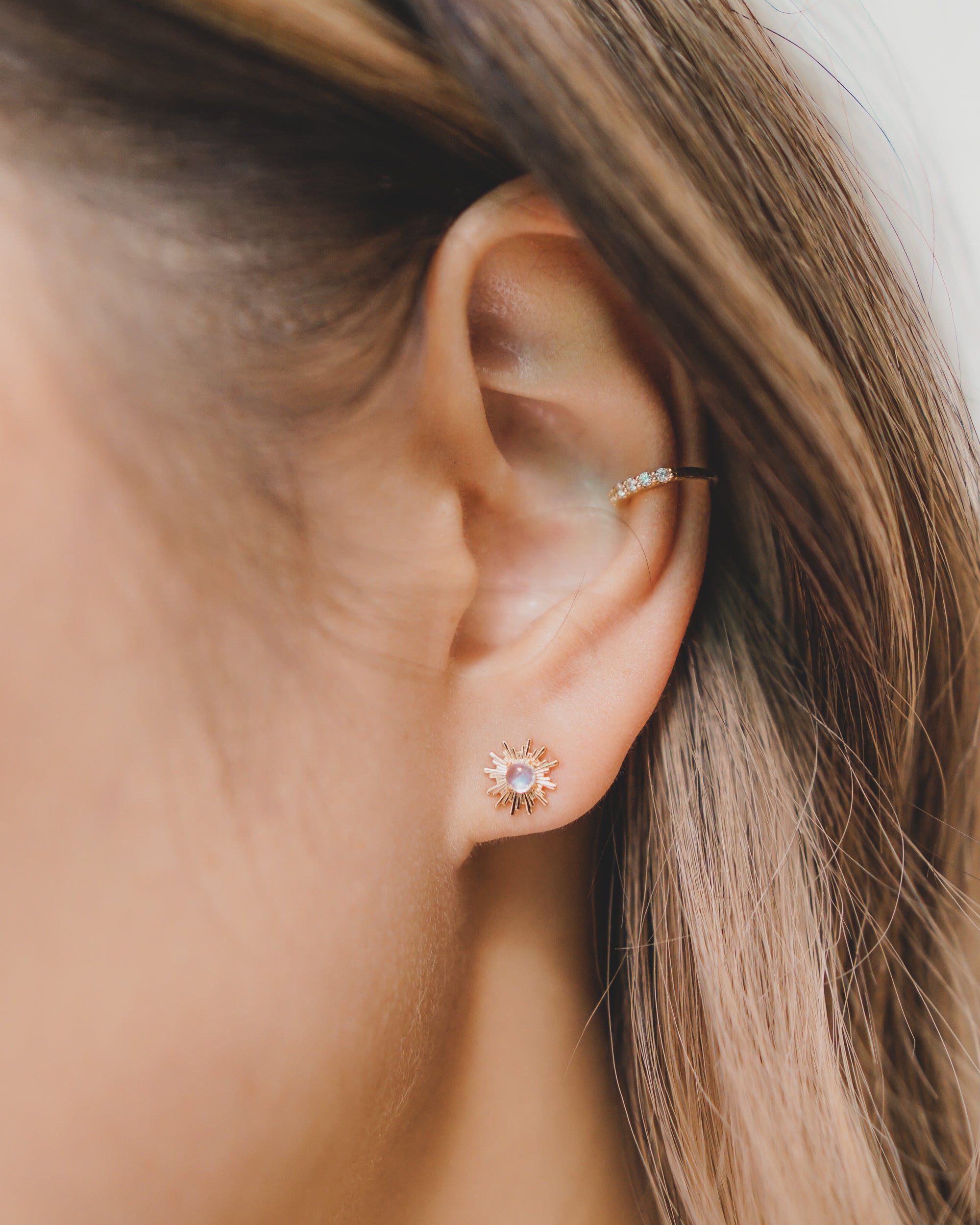 Rainbow Moonstone Sunburst Stud Earrings