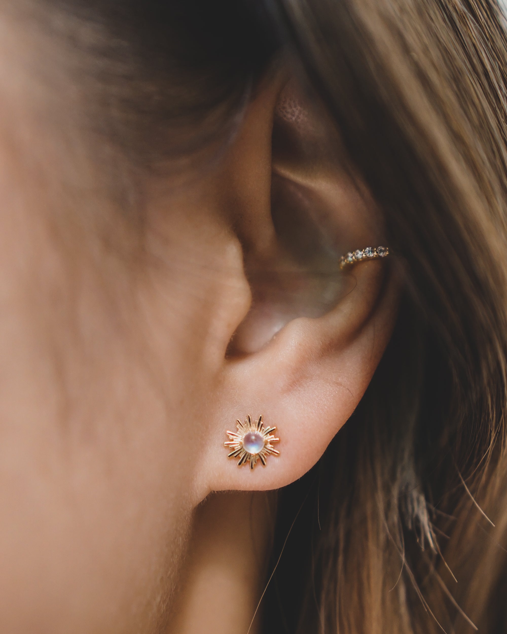 Rainbow Moonstone Sunburst Stud Earrings