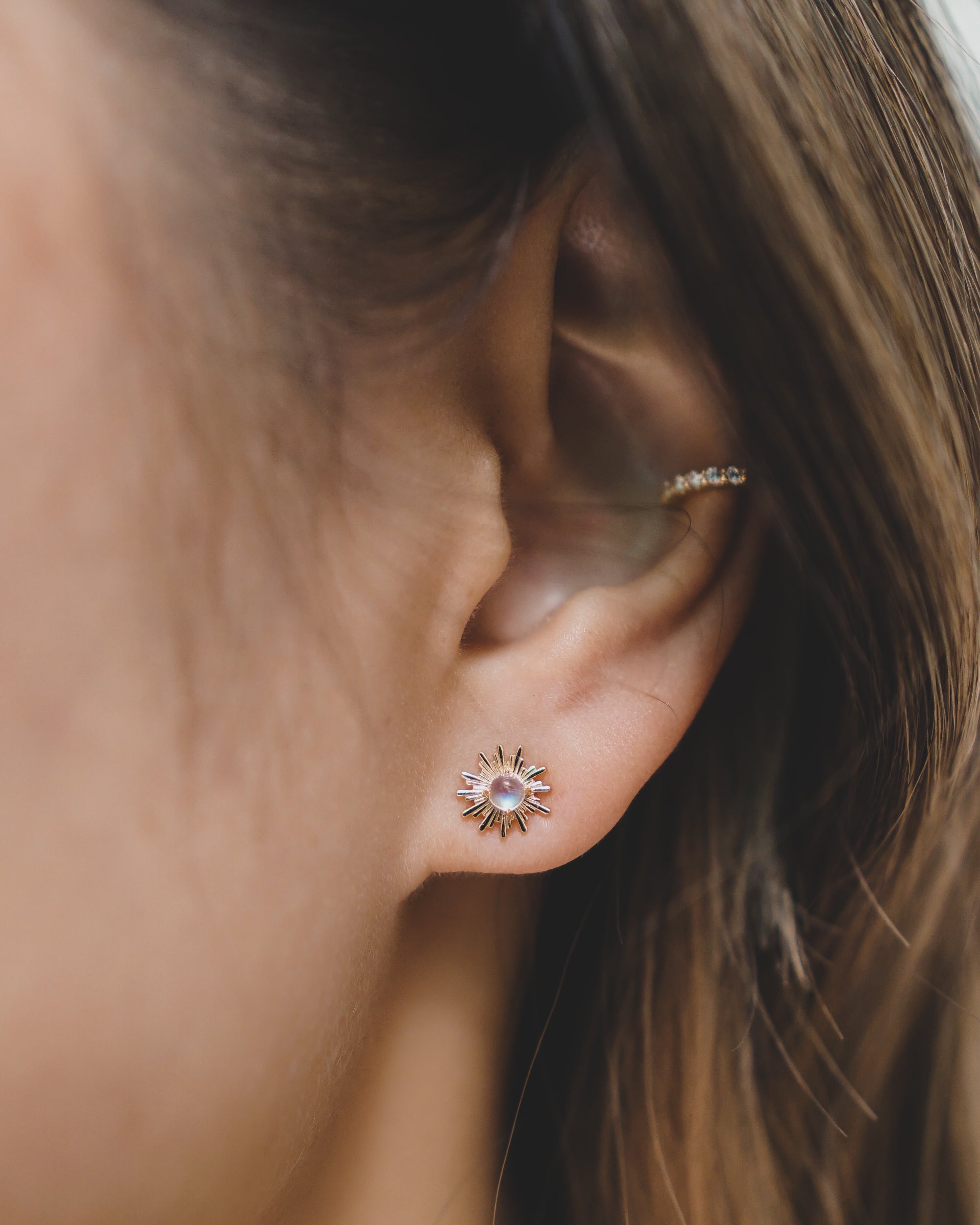 Rainbow Moonstone Sunburst Stud Earrings